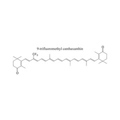 13-trifluoromethyl echinenone skeletal structure diagram.Halogenated Carotenoid compound molecule scientific illustration on white background.