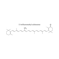 13-trifluoromethyl echinenone skeletal structure diagram.Halogenated Carotenoid compound molecule scientific illustration on white background.