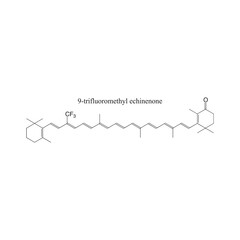 9-trifluoromethyl echinenone skeletal structure diagram.Halogenated Carotenoid compound molecule scientific illustration on white background.