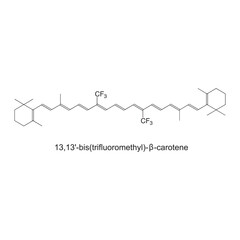 13,13'-bis(trifluoromethyl)--carotene skeletal structure diagram.Halogenated Carotenoid compound molecule scientific illustration on white background. - obrazy, fototapety, plakaty