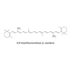 9,9'-bis(trifluoromethyl)--carotene skeletal structure diagram.Halogenated Carotenoid compound molecule scientific illustration on white background.