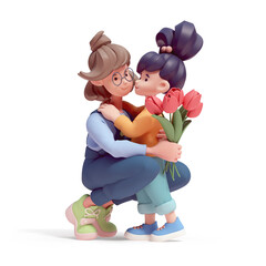 Cute kawaii excited asian smiling child girl hugs young mom, sister gives a bouquet of red tulips with love, support, care, congratulates on holiday. Happy Mother's day. 3d render isolated transparent