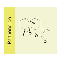 parthenolide skeletal structure diagram.Sesquiterpene compound molecule scientific illustration on yellow background.