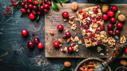 Homemade granola energy bars with figs, oatmeal, almonds, dry cranberries, chia and sunflower seeds on wooden board on dark background. healthy snacks, top view, copy space