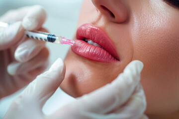 Cosmetic treatment with botox injection in female lips. Beautician hands with syringe
