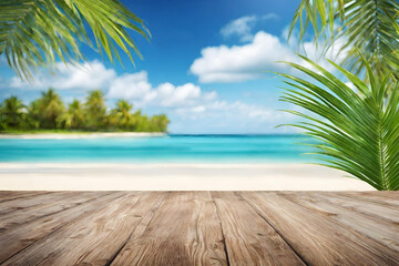 Summer tropical sea with waves, palm leaves and blue sky with clouds. Perfect vacation landscape with empty wooden table (