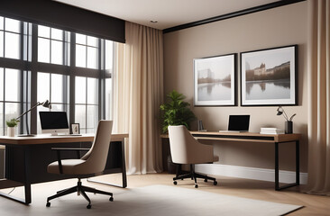 Modern beige interior of workplace in light colour with big window, desk, computer, and chair 