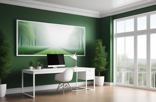 Modern green interior of workplace in light colour with big window, desk, computer, and chair and big picture 