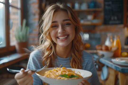 Close-up of charming young Caucasian girl eating delicious homemade Italian spaghetti, looking at camera. Happy smiling European lady enjoying tasty lunch, sitting in cozy kitchen. World Pasta Day.