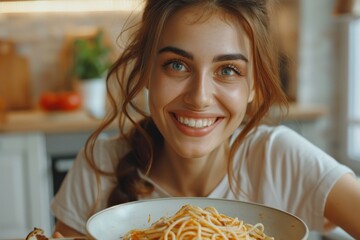 Close-up of charming young Caucasian girl eating delicious homemade Italian spaghetti, looking at...
