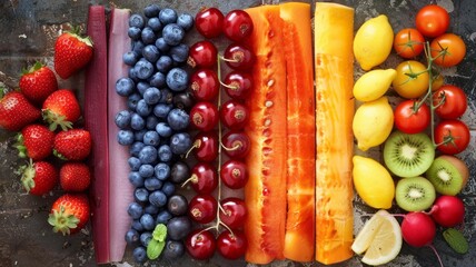 Various organic colorful fruits and berries are laid out in even stripes. Nutrition, diet, vegan...