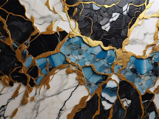 abstract background, mosaic of black granite, white marble and blue agate with golden veins, artificial stone texture, modern wallpaper.