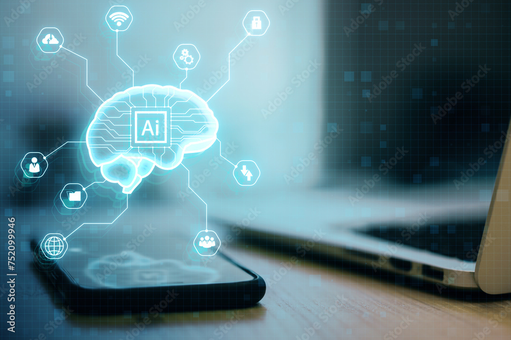 Poster Close up of smartphone and laptop on desk with creative glowing digital brain hologram on blurry background. AI and futuristic hud elements. 3D Rendering.