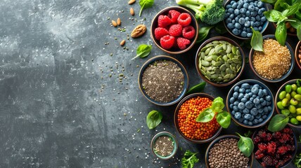 Top view of fresh organic vegetables, berries, nuts, herbs and spices in small bowls on grey stone tabletop. Nutrition, diet, vegan food concept. Healthy eating background. Copy space for text.