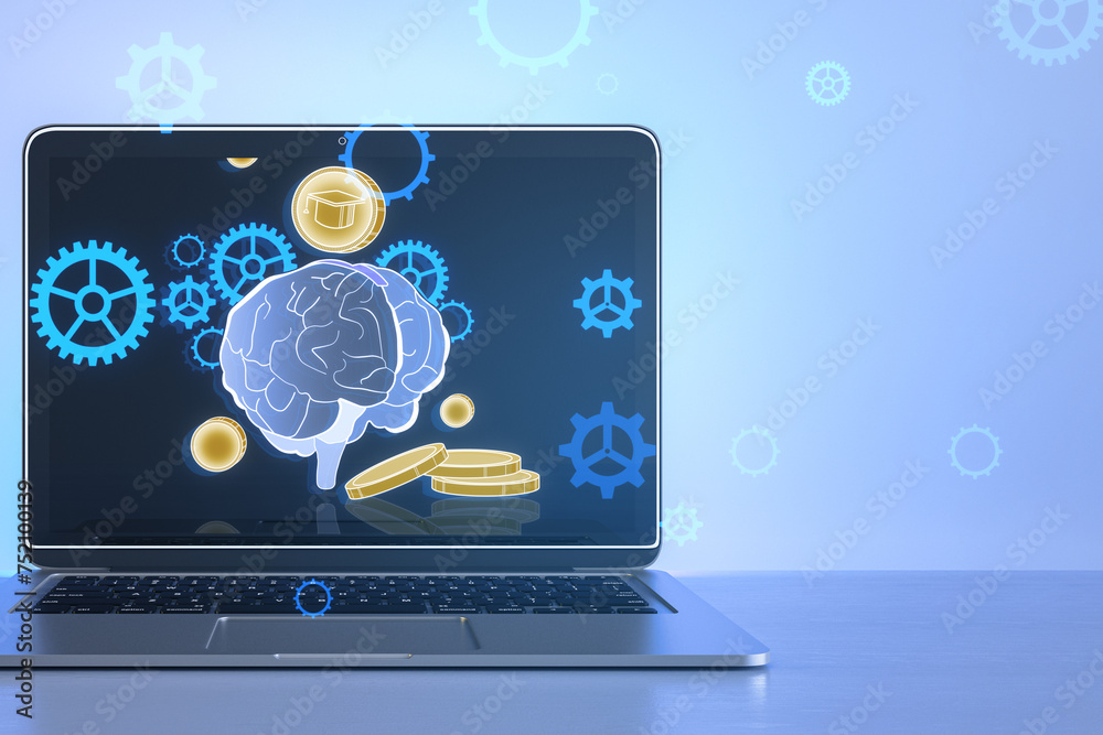 Aufkleber close up of notebook with creative glowing digital brain hologram on blurry background. ai and futur