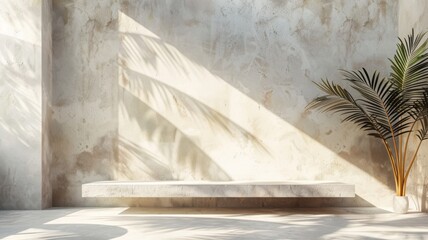Minimalistic product placement background with a palm tree and shadows on a beige plastered wall....