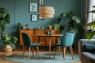 Interior of modern cozy living room with dining area. Green walls with posters, round wooden dining table and green chairs on a round carpet, many indoor plants.