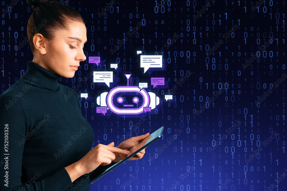 Aufkleber attractive young european businesswoman using tablet with creative bot hologram on blue binary codin