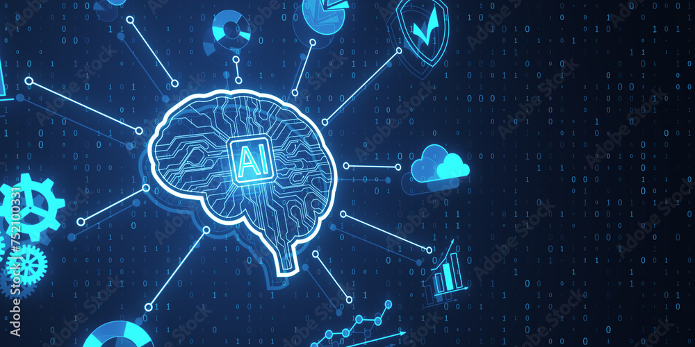 Fototapete Creative glowing digital brain hologram on blurry blue backdrop with binary coding. AI and futuristic hud elements. 3D Rendering.