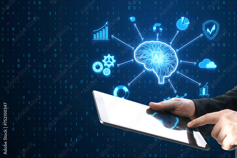 Poster close up of businessman hands holding and using tablet with creative glowing digital brain hologram 