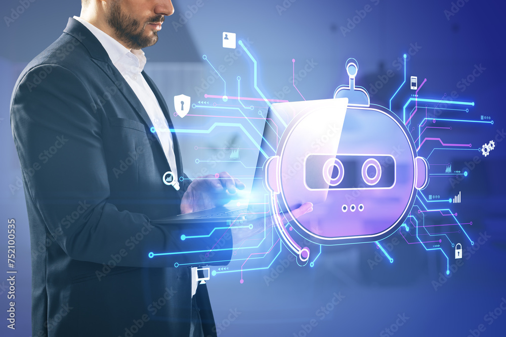 Poster attractive young european businessman using laptop computer with creative robot hologram on blurry o