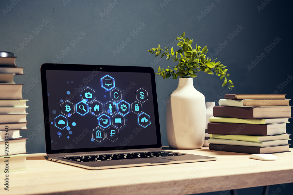 Poster Close up of laptop on desk with books, vase and creative hexagonal hologram on blurry background. Business dashboard and digital interface concept. 3D Rendering.