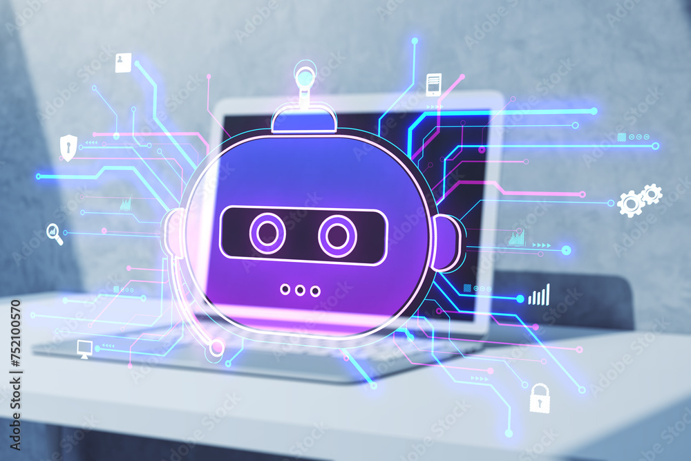 Poster Close up of laptop on desk with creative robot hologram on blurry background. Chat GPT and ai, customer support and bot concept. Double exposure.