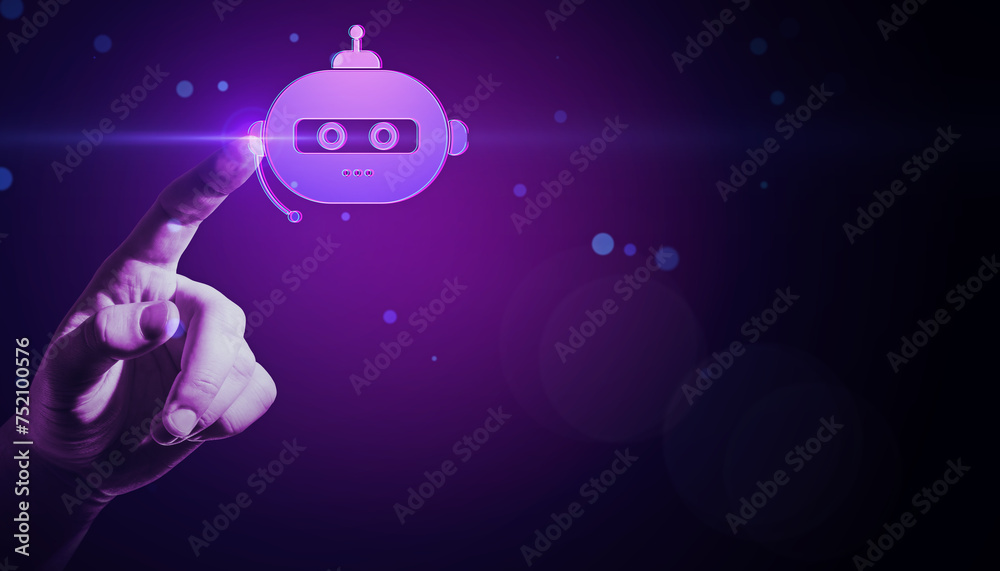 Poster Close up of hand pointing at creative robot hologram on blurry dark purple background with mock up place. Chat GPT and ai, customer support and bot concept.