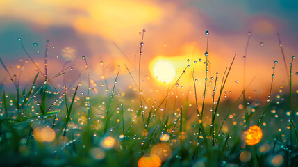 Dewdrops sparkle on a vibrant green meadow in the morning light