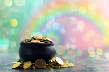 A black pot filled with gold coins rests at the end of a rainbow against a pastel bokeh background - obrazy, fototapety, plakaty