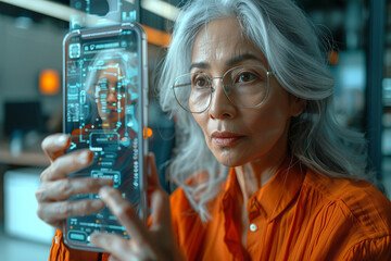 An elderly woman turns to smartphone AI for help. - obrazy, fototapety, plakaty