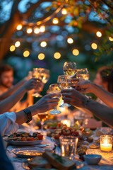 A group of people, friends, are sitting around a dinner table, raising their wine glasses in a toast. The scene is lively and celebratory, with smiles and clinking glasses