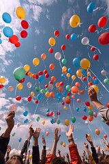 A group of individuals is seen releasing a colorful array of balloons into the sky, creating a vibrant and uplifting sight