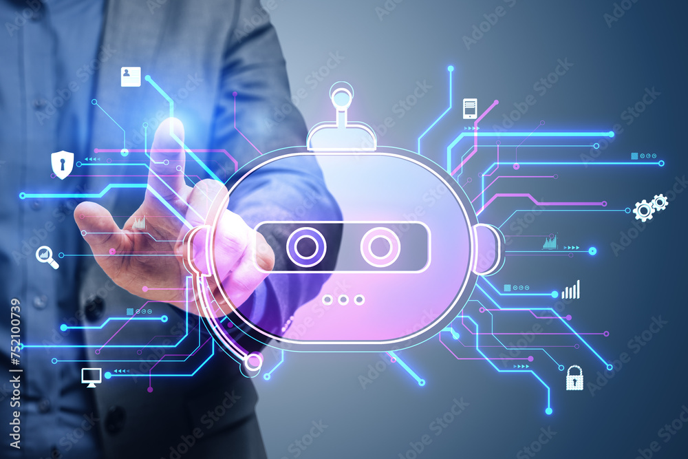 Poster Close up of businessperson hand pointing at creative robot hologram on blurry background. Chat GPT and ai, customer support and bot concept.