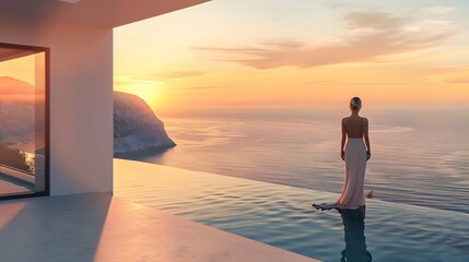Fototapeta na wymiar modern large villa overlooking the ocean with woman seen from the back wearing a beautiful long fitted summer dress as she looks out over the sea with a setting sun