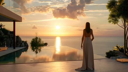 modern large villa overlooking the ocean with woman seen from the back wearing a beautiful long fitted summer dress as she looks out over the sea with a setting sun - obrazy, fototapety, plakaty