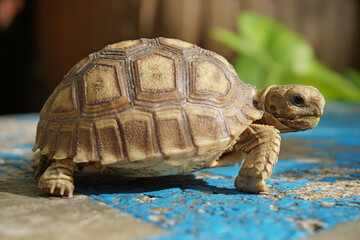 African Sulcata Tortoise Natural Habitat,Close up African spurred tortoise resting in the garden,...