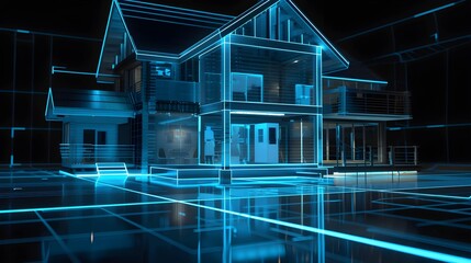 modern technology building house hologram - obrazy, fototapety, plakaty