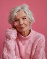 Close-up portrait of happy cheerful elderly woman smiling and looking at camera. Positive Caucasian senior lady with grey hair over pink studio background. Beauty at any age.