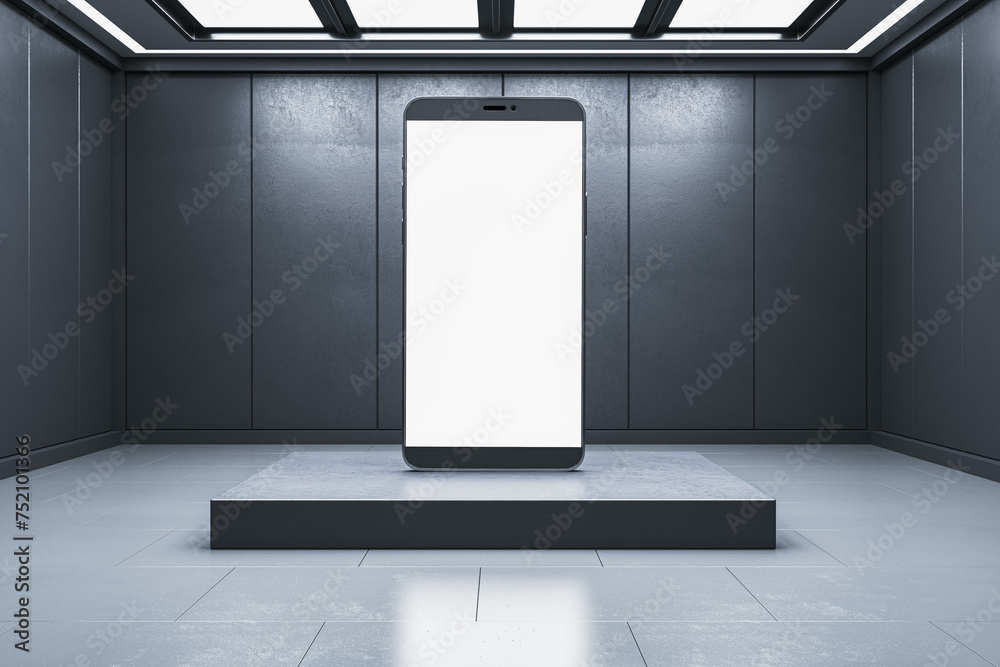 Poster abstract interior with huge white mock up cellphone. 3d rendering.