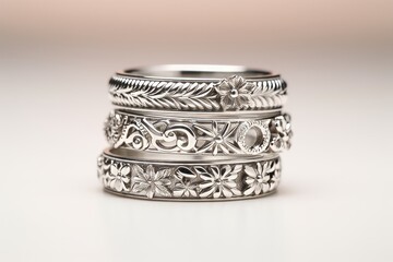 A collection of stackable sterling silver rings adorned with intricate flower designs on them. The rings are delicately arranged in a neat stack, showcasing the beautiful floral patterns