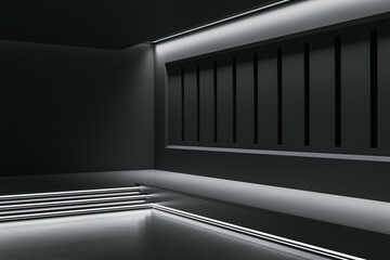 Clean black exhibition hall or museum interior with mock up place on wall. 3D Rendering.