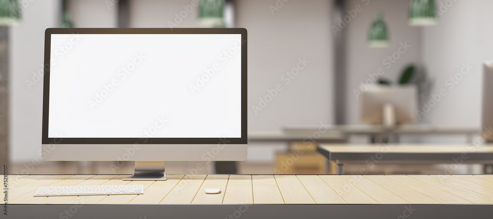 Poster creative designer desk with empty white mock up computer montior, supplies and blurry office interio