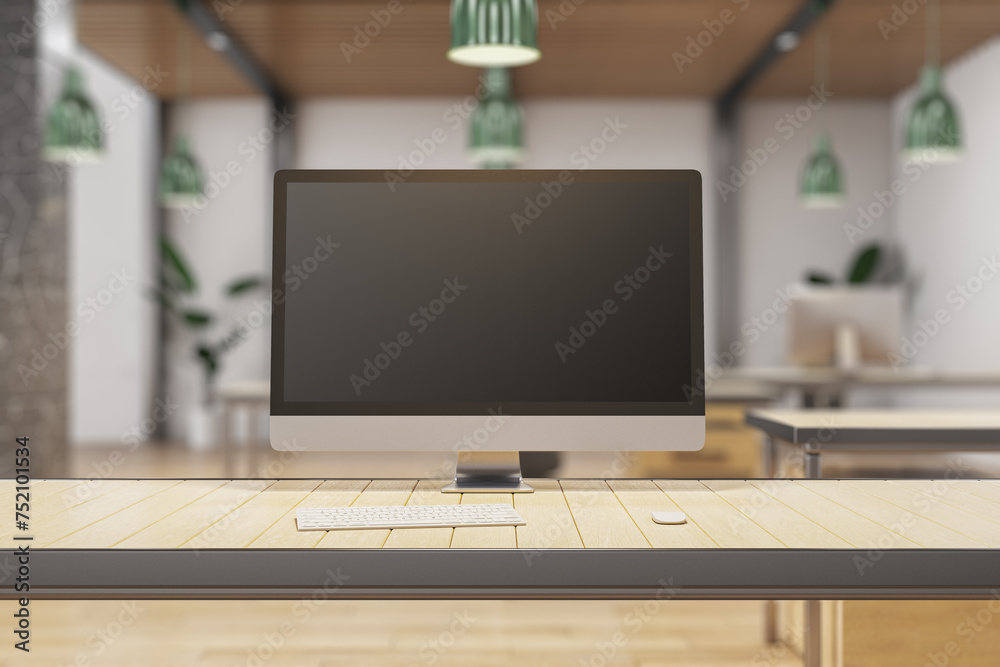 Poster creative designer desktop with empty mock up computer montior, supplies and blurry office interior i