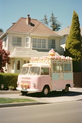 A pink and white food truck is parked in front of a house in a suburban neighborhood. The truck appears to be serving delicious food to customers outdoors