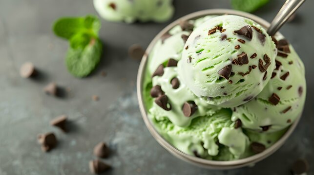 Organic Green Mint Chocolate Chip Ice Cream with a Spoon. with copy space image. Place for adding text or design