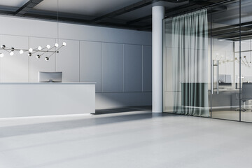Contemporary office interior with reception desk, glass partitions and curtains. Waiting area...
