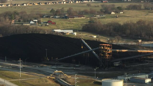Heap Of Coal And Industrial Equipment At Flint Creek Power Plant - Coal-fired Power Station Near Gentry In Arkansas. aerial shot