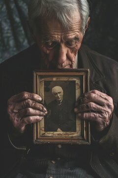 An elderly man is emotionally holding a framed picture of himself, appearing to be reminiscing about the past. He is visibly moved and sentimental, reflecting on memories captured in the photograph