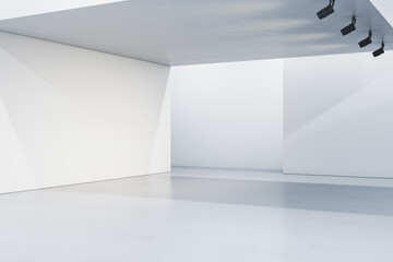 White gallery interior with mock up place on walls. 3D Rendering. - obrazy, fototapety, plakaty